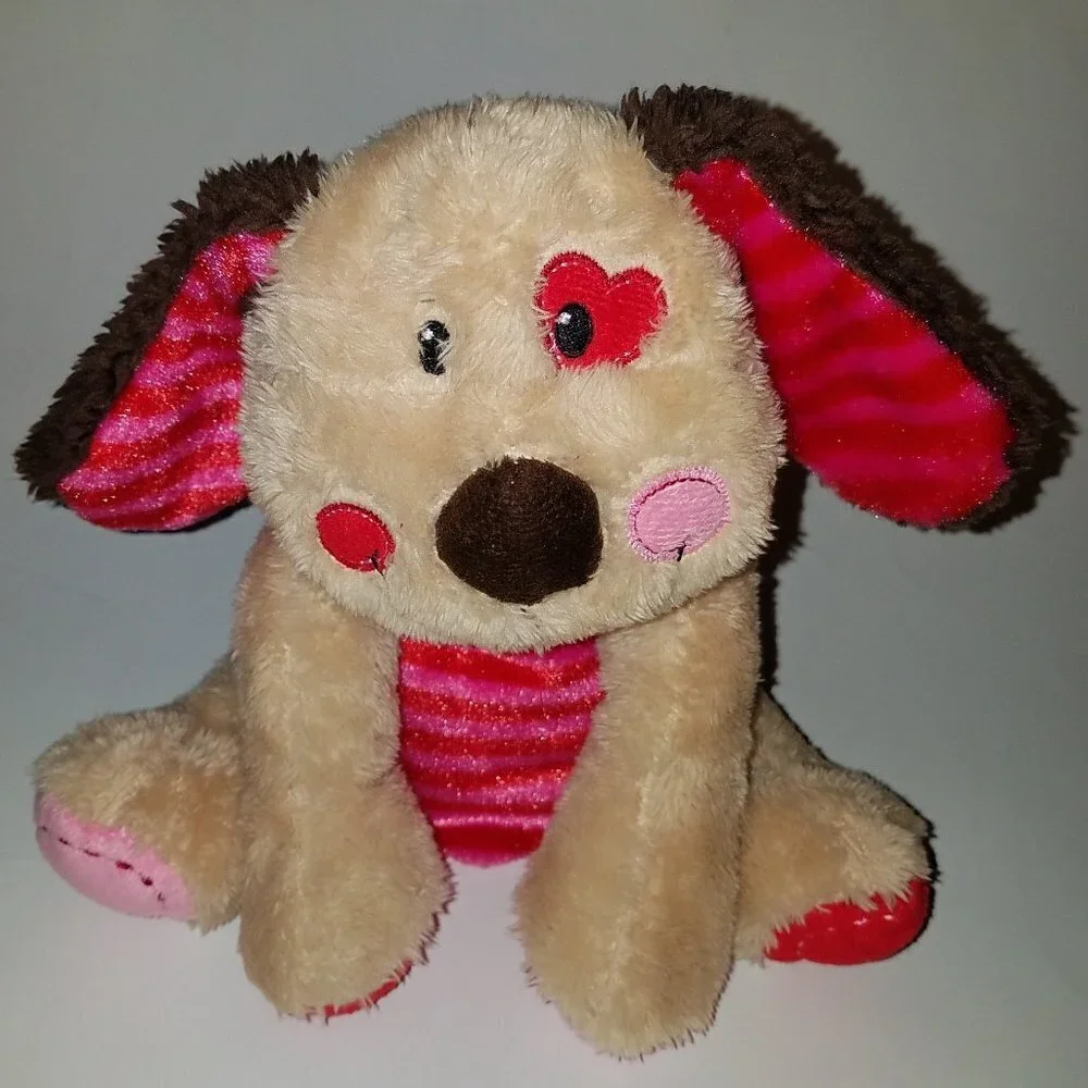 Dan Dee Brown Puppy Dog Plush Pink Red Stripes Heart Eye Valentine's Day Lovey